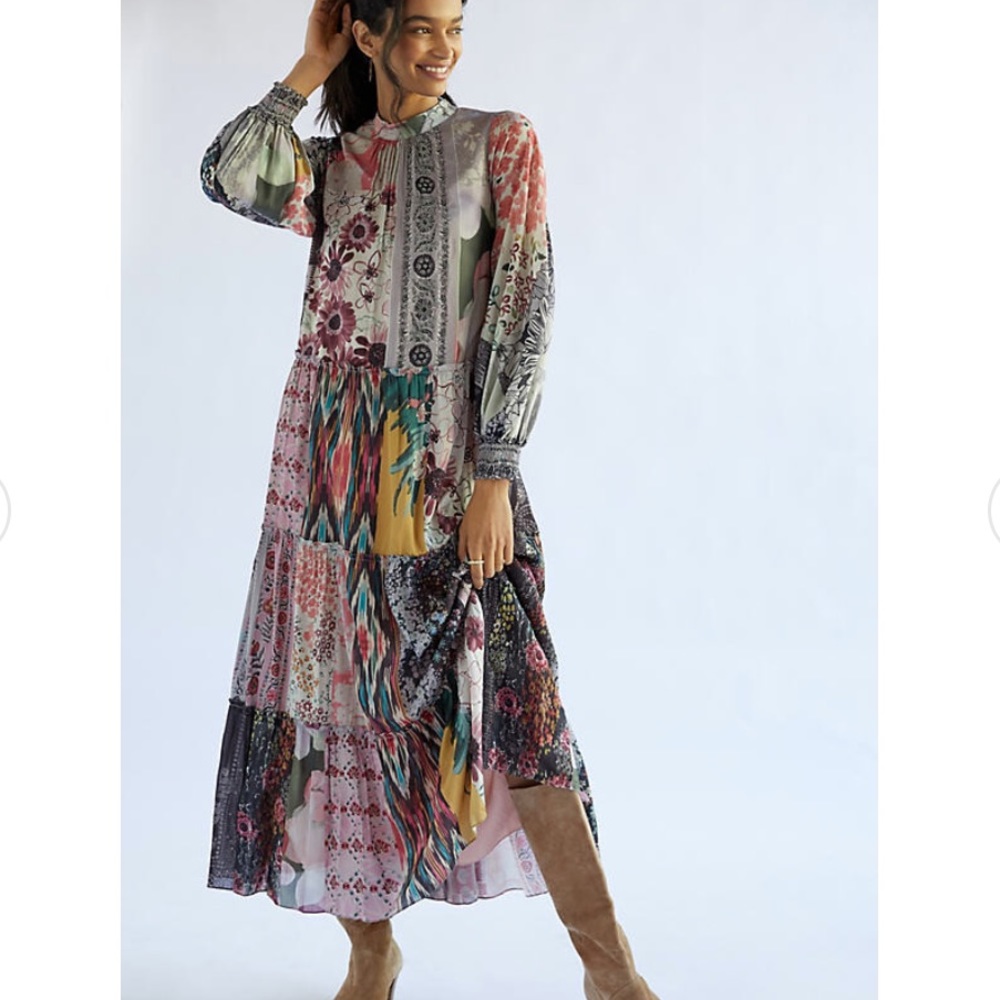Anthropologie Printed Patchwork Maxi Dress XS